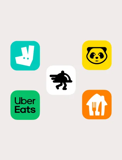 Logos for Just Eat Deliveroo Flipdish Uber Eats and Hungry Panda