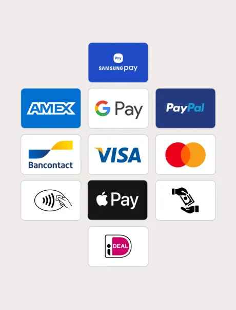 Logos of Samsung Pay AMEX Google Pay Pay Pal Bancontact VISA Mastercard Contactless Apple Pay Cash and i Deal