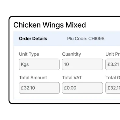 Inventory component showing quantity and price of chicken wings
