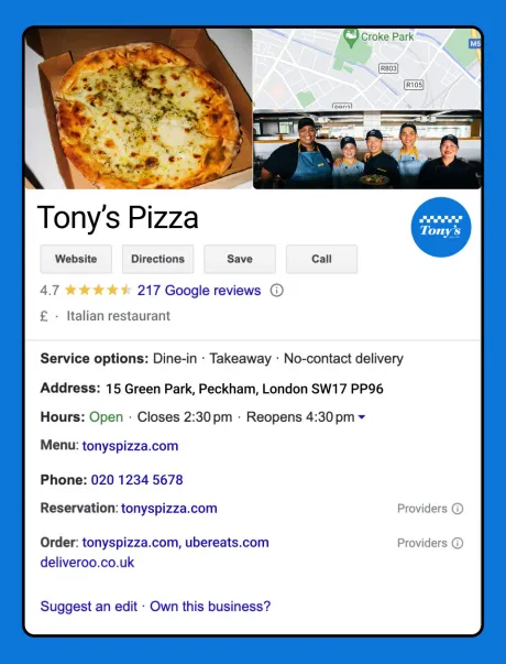 Google business page for Tonys Pizza