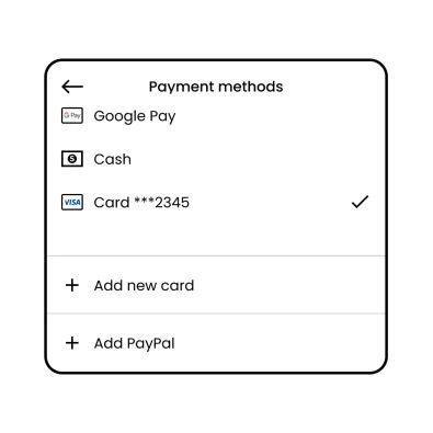 Payment method component showing Card Cash or Google Pay