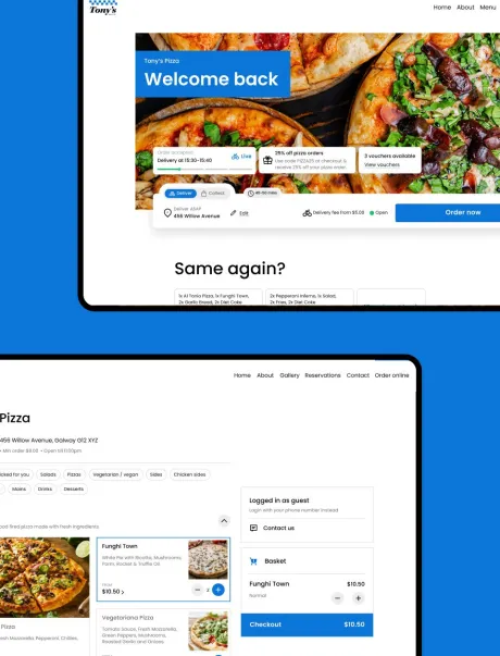 Tony s Pizza ordering and home page on a blue background us