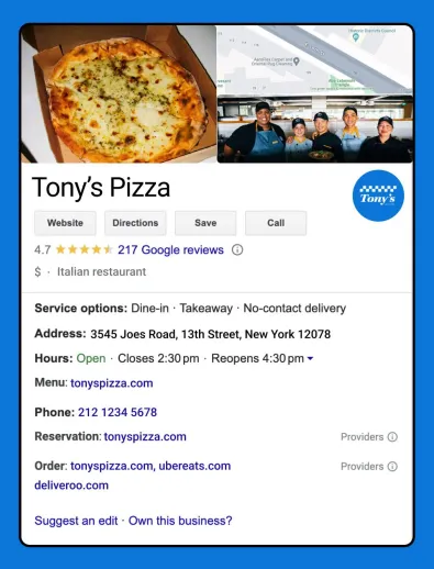 Google business page for Tony s Pizza us