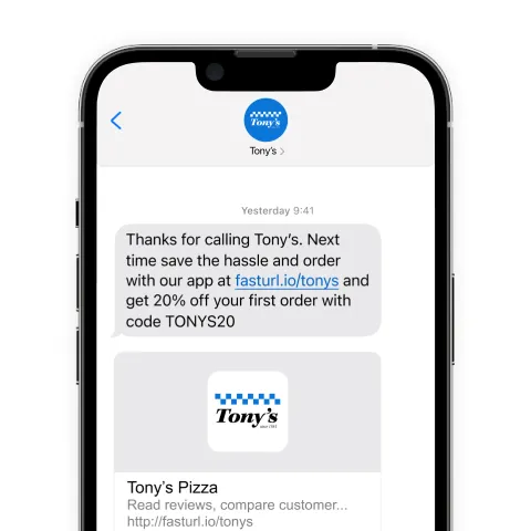 Tonys SMS message to customer us