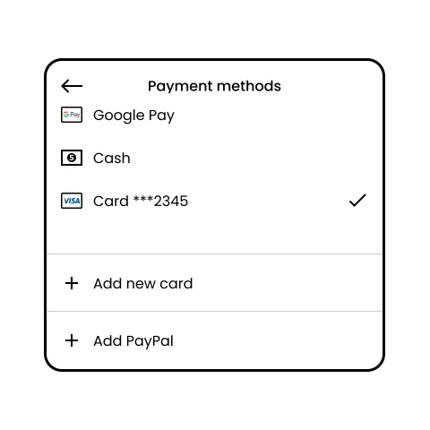 Payment method component showing Card Cash or Google Pay us