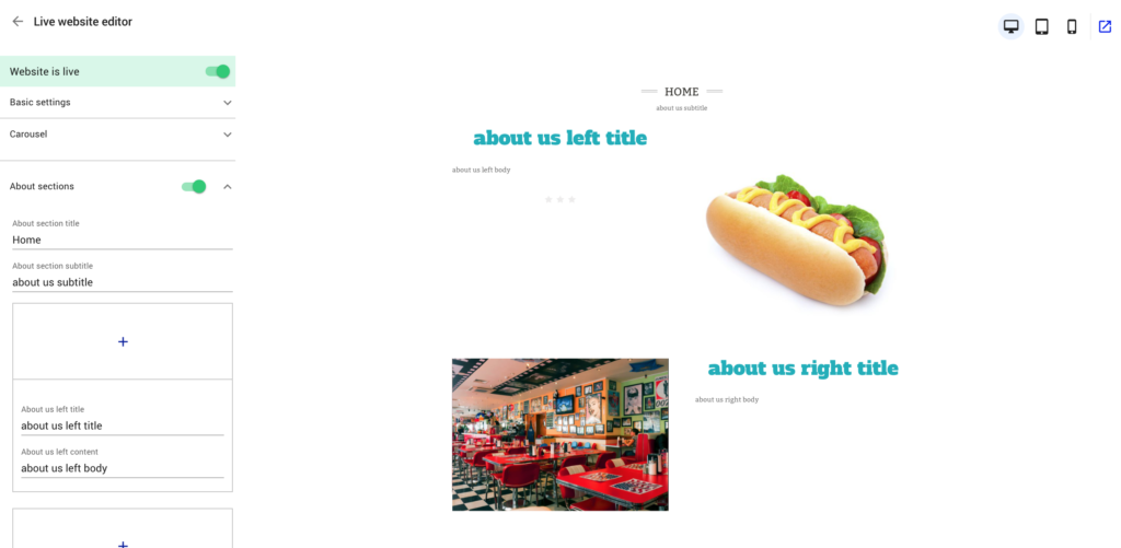 restaurant website builder about you section