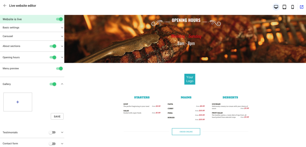 restaurant website builder - menu preview