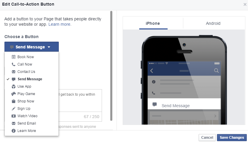 Facbook Call To Action button drop down page