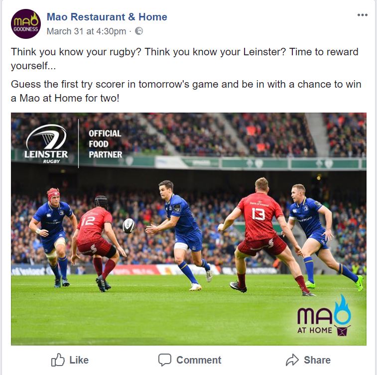 Captura de pantalla del restaurante Mao promocionando el rugby para aumentar sus pedidos online