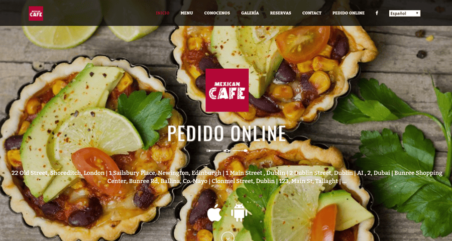 Picture showcasing food ordering website with multiple languages, Spanish displayed in image