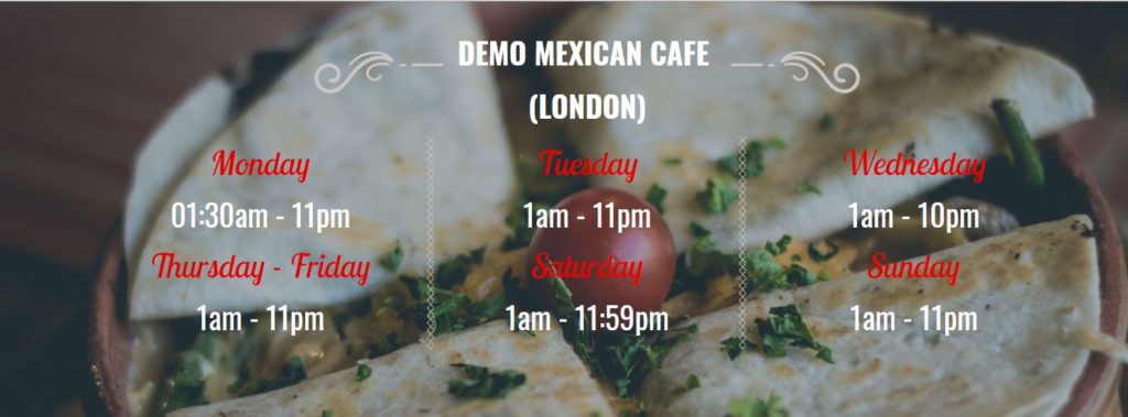 Picture of opening hours on Flipdish's latest food ordering website design