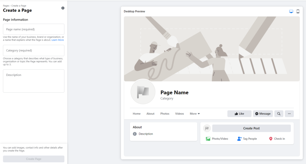 Creating a Facebook page entering your page information