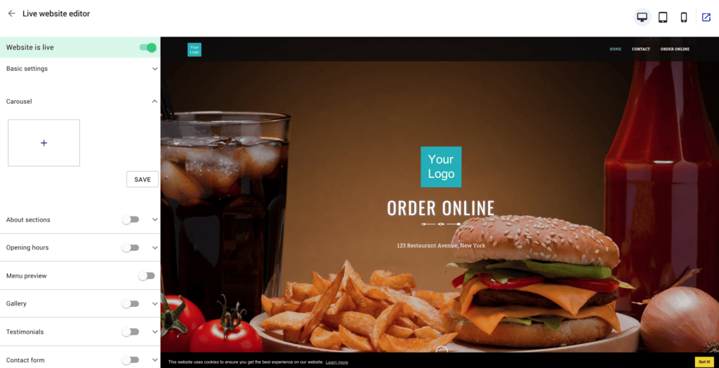 custom restaurant website builder view from back-end