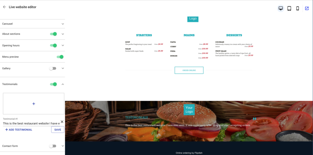 restaurant website builder - testimonials