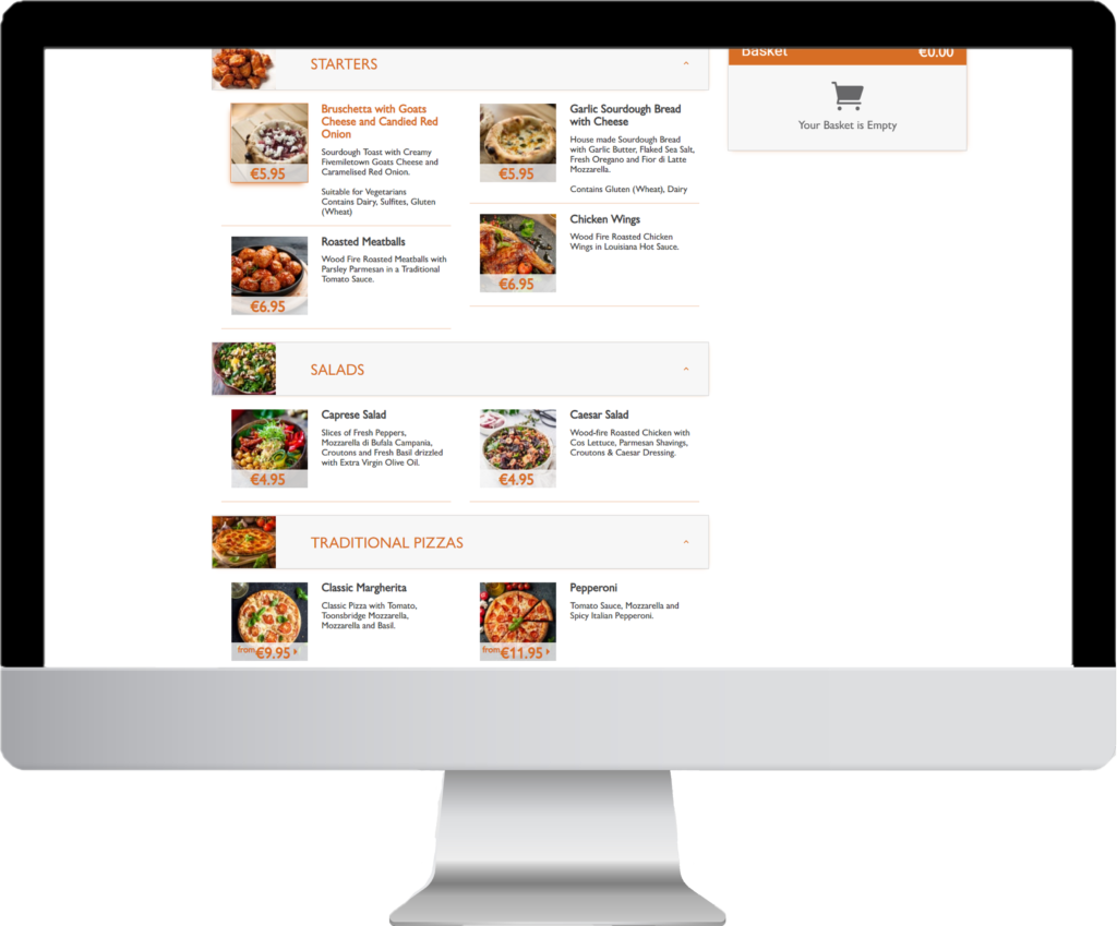 Desktop view of an online menu for delivery and collection