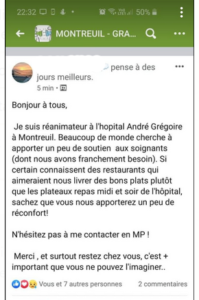 SMS d'un personnel de santé demandant la livraison de repas sans contact